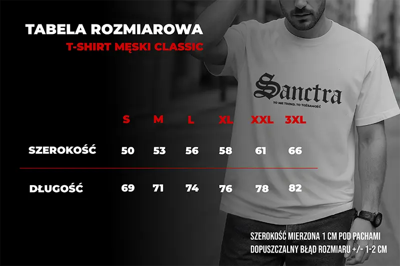 Tabela rozmiarów koszulki męskiej Sanctra